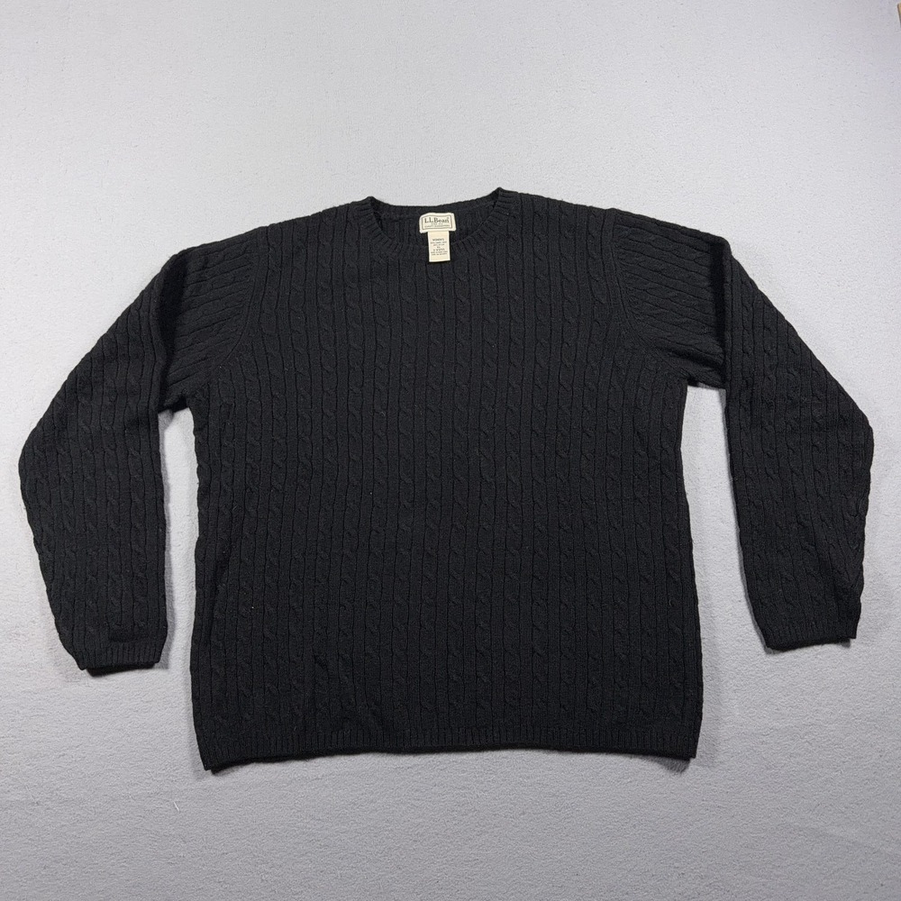 L.L.Bean Sweater Womens XL Black Cable Knit Crewneck Pullover Lambswool